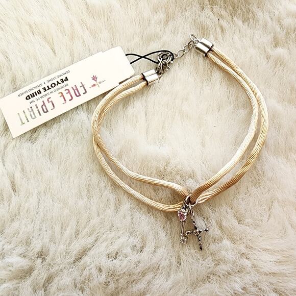 NEW Peyote Bird Free Spirit Sterling Silver Key Cross Double Charm Cord Bracelet - Picture 7 of 9
